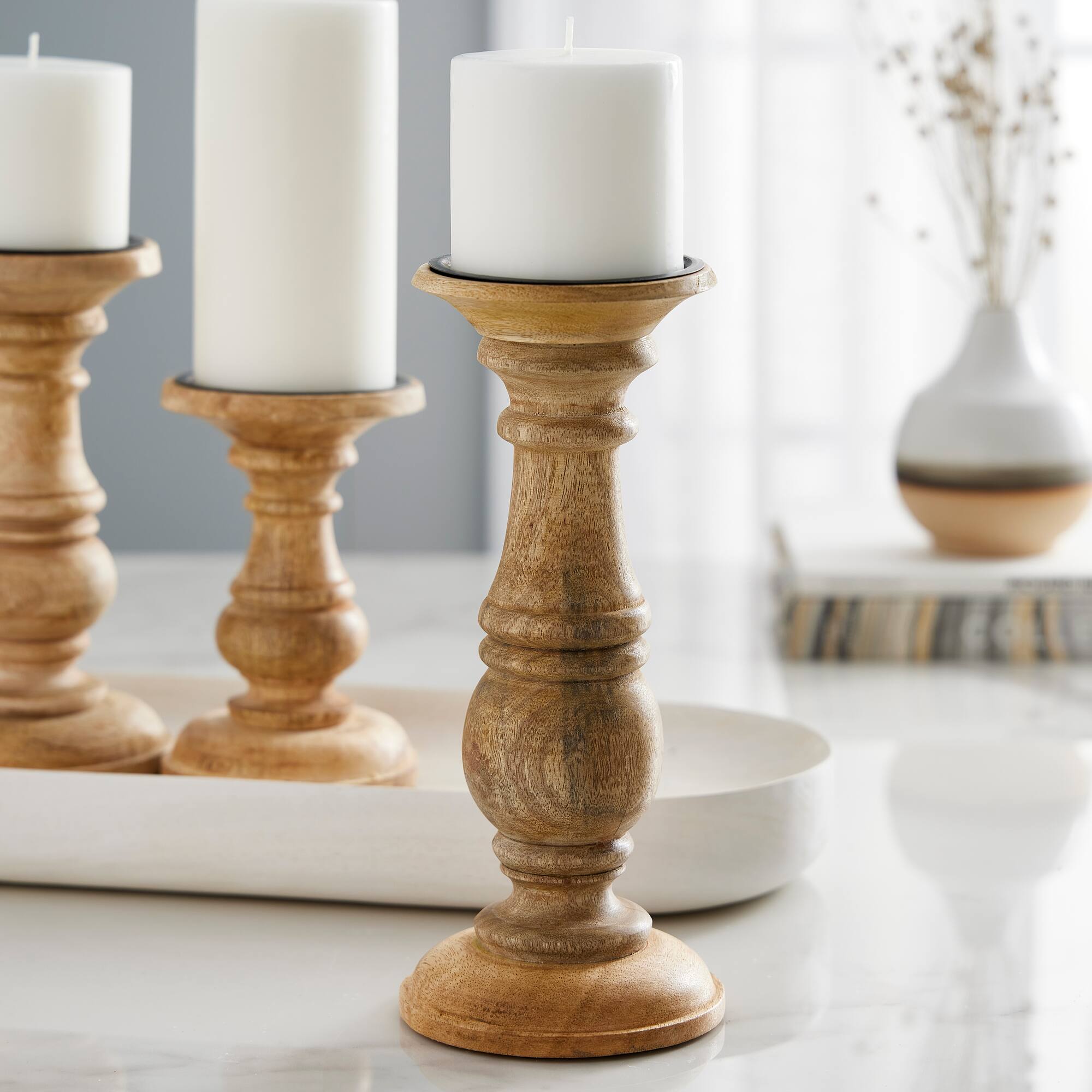 Wood Carved Pillar Candle Holder by Ashland